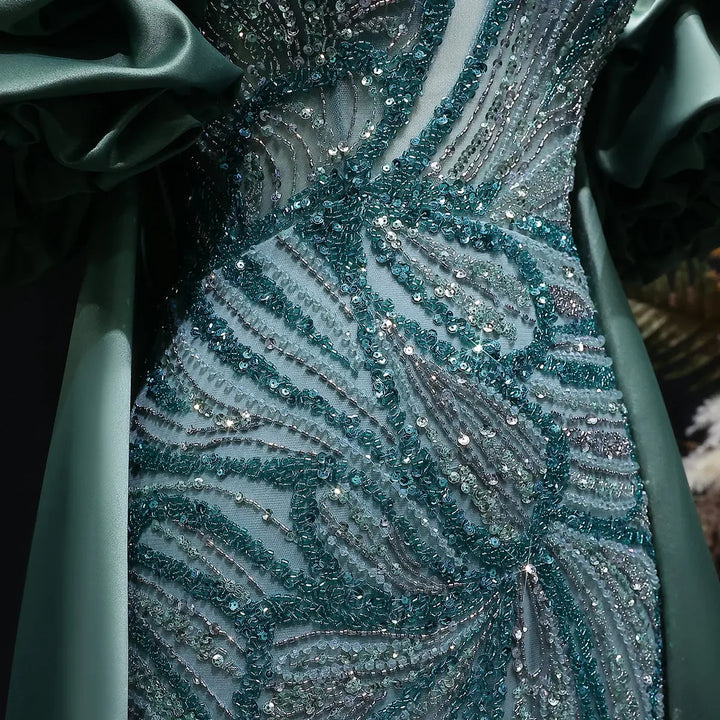 Luxury Green Beaded Slit Evening Gown with Cape SS157