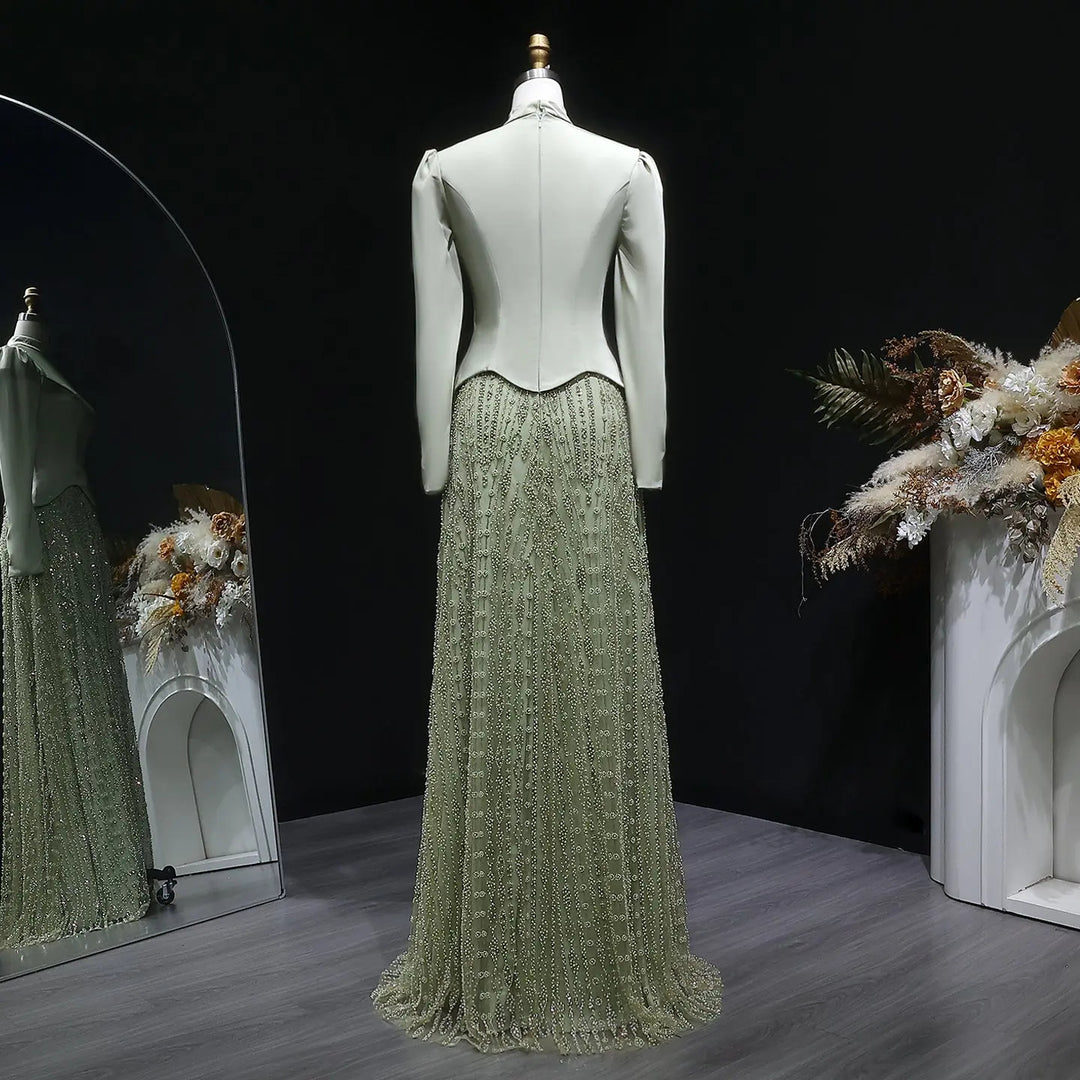 Luxury Sage Green Modest Hijab-Style beaded Evening Dress SS613