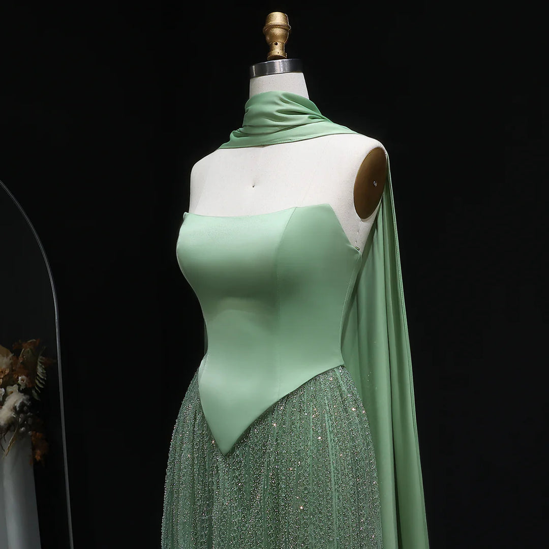 Luxury Sage Green with Scarf ALine Evening Dress SS639