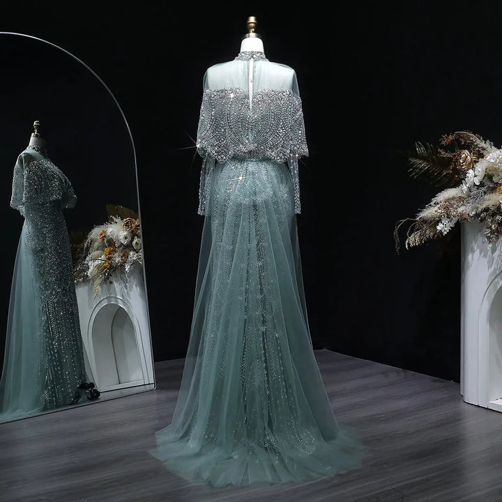 Luxury Gray Dubai Evening Gown with Detachable Overskirt SS557