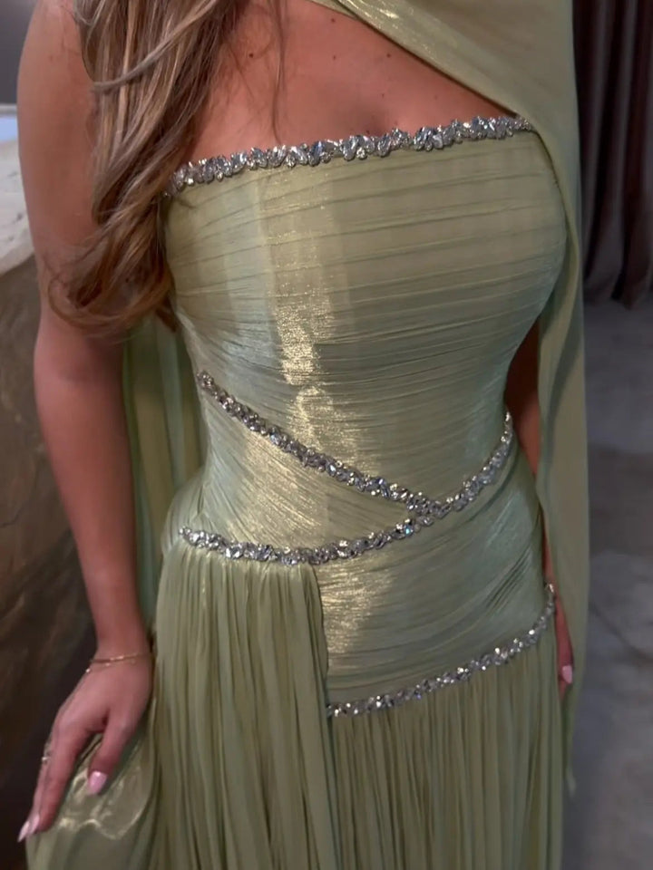 Dreamy Vow Green Strapless Rhinestone Ruched A-Line Evening Dress SF189