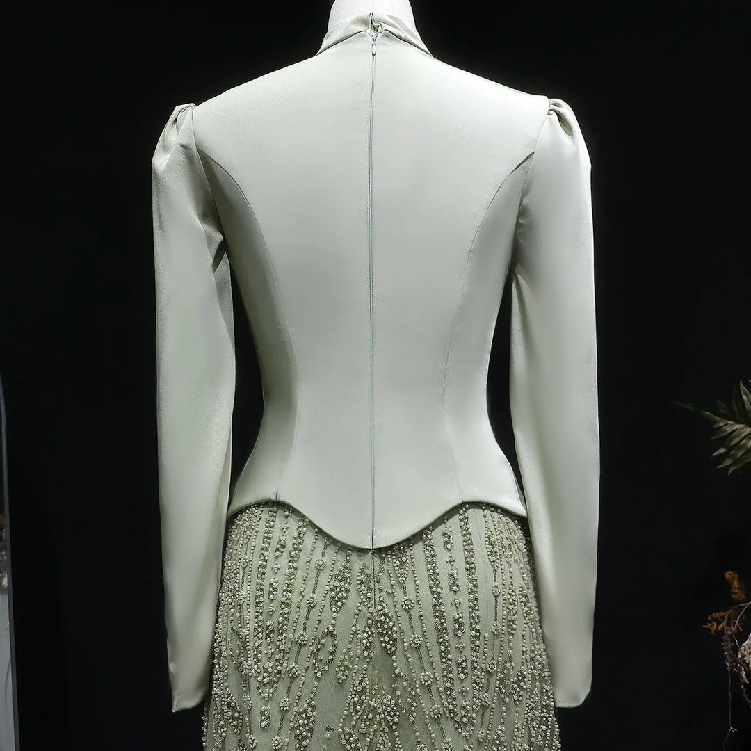 Luxury Sage Green Modest Hijab-Style beaded Evening Dress SS613