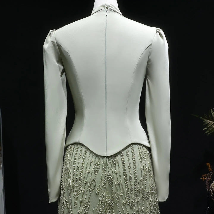 Luxury Sage Green Modest Hijab-Style beaded Evening Dress SS613