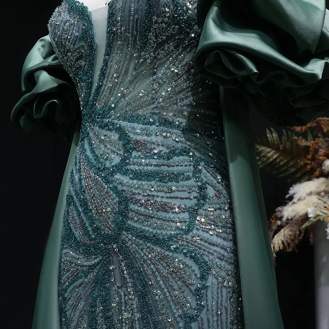 Luxury Green Beaded Slit Evening Gown with Cape SS157