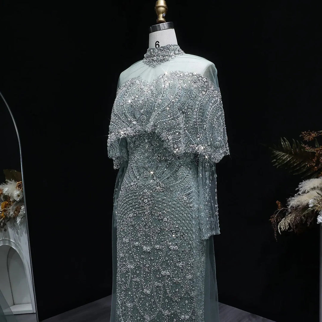 Luxury Gray Dubai Evening Gown with Detachable Overskirt SS557