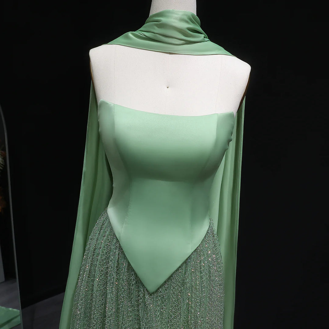 Luxury Sage Green with Scarf ALine Evening Dress SS639