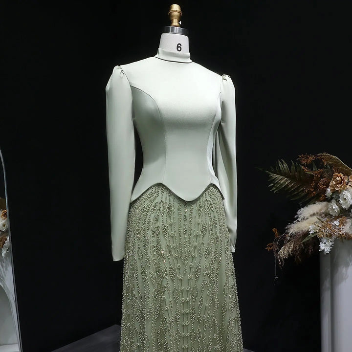 Luxury Sage Green Modest Hijab-Style beaded Evening Dress SS613