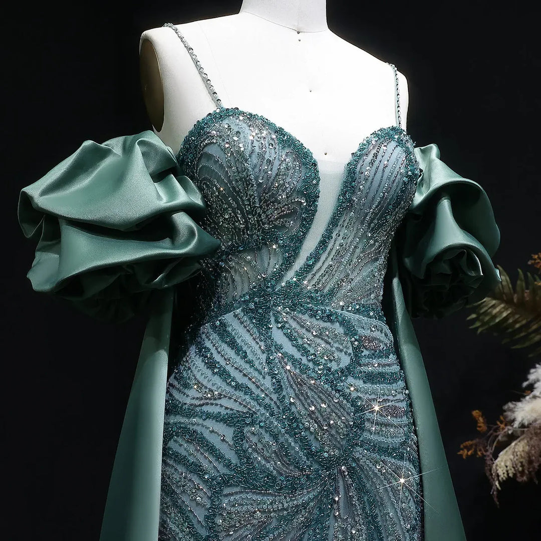 Luxury Green Beaded Slit Evening Gown with Cape SS157