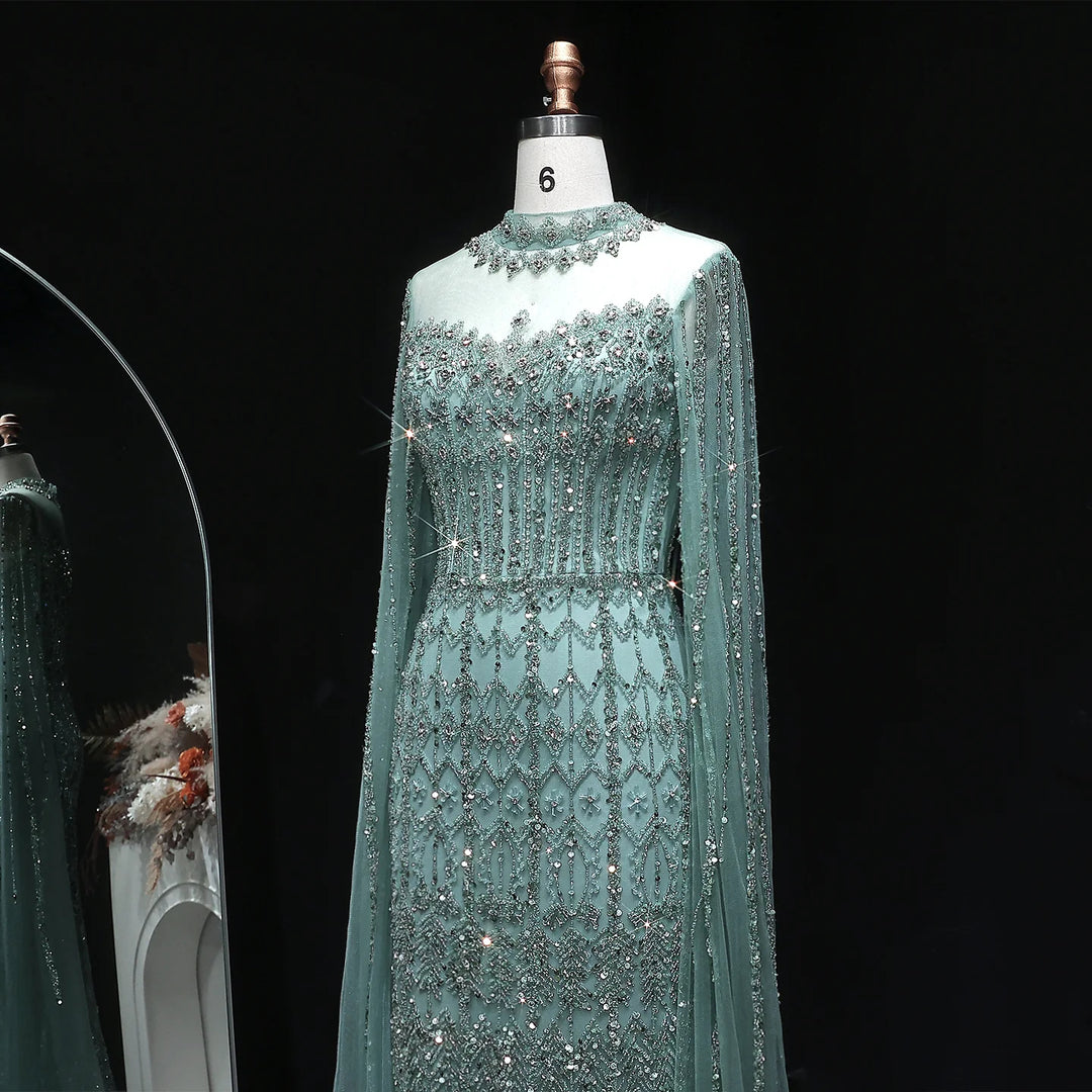 Luxury Sequin Beaded Cape Sleeve Evening Gown SS150