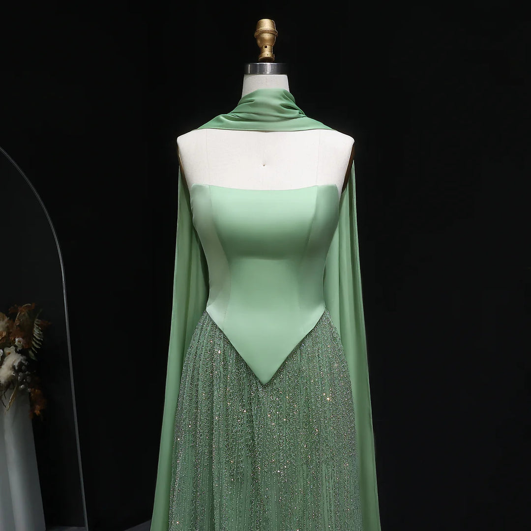 Luxury Sage Green with Scarf ALine Evening Dress SS639
