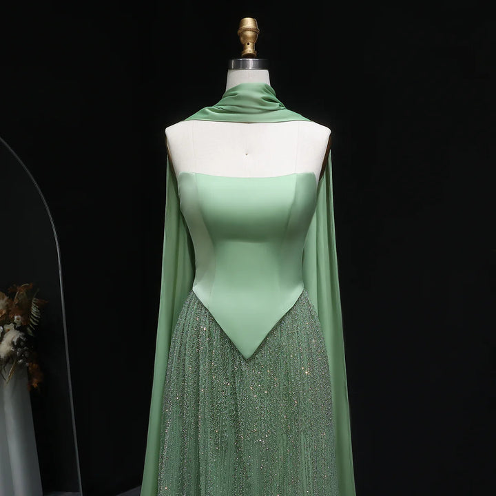 Luxury Sage Green with Scarf ALine Evening Dress SS639