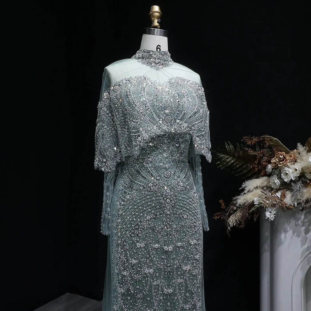 Luxury Gray Dubai Evening Gown with Detachable Overskirt SS557