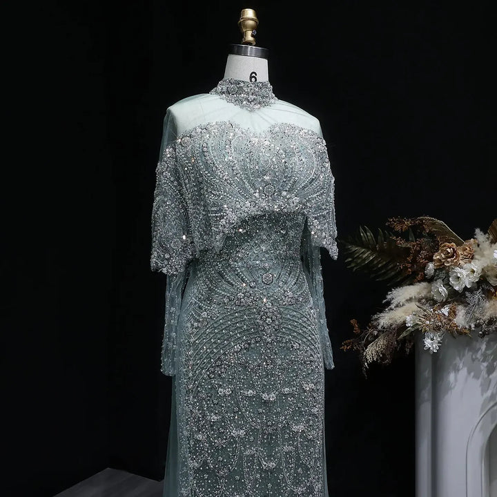 Luxury Gray Dubai Evening Gown with Detachable Overskirt SS557