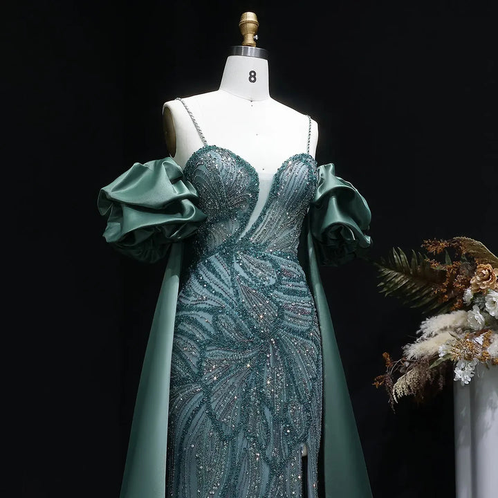 Luxury Green Beaded Slit Evening Gown with Cape SS157