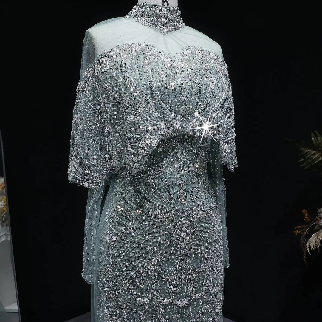 Luxury Gray Dubai Evening Gown with Detachable Overskirt SS557