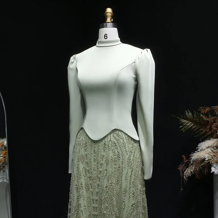 Luxury Sage Green Modest Hijab-Style beaded Evening Dress SS613