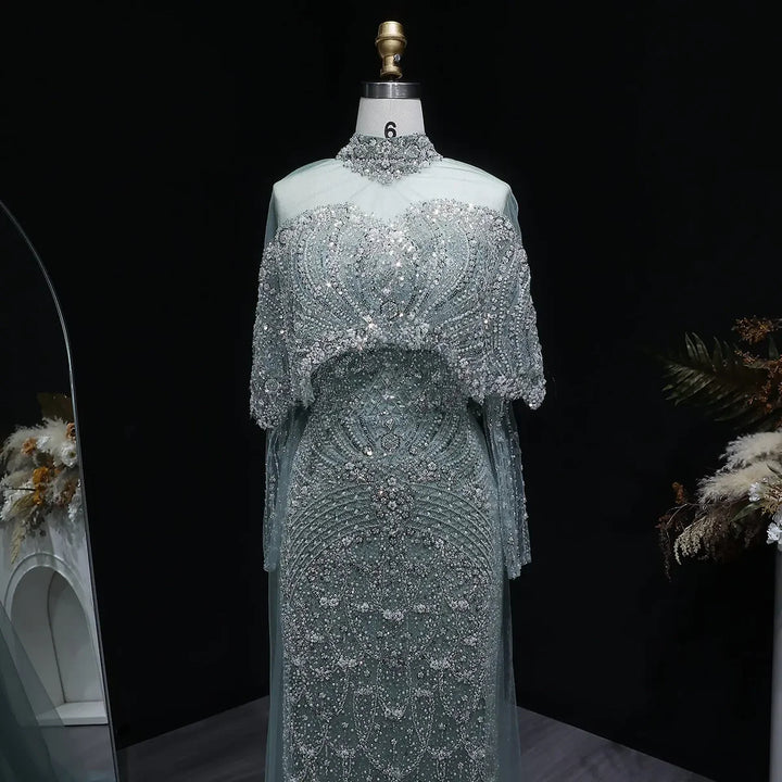 Luxury Gray Dubai Evening Gown with Detachable Overskirt SS557