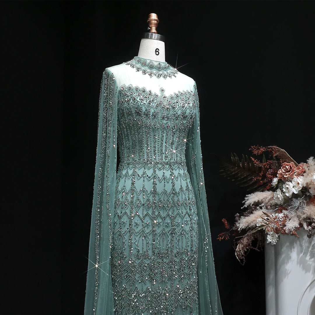 Luxury Sequin Beaded Cape Sleeve Evening Gown SS150