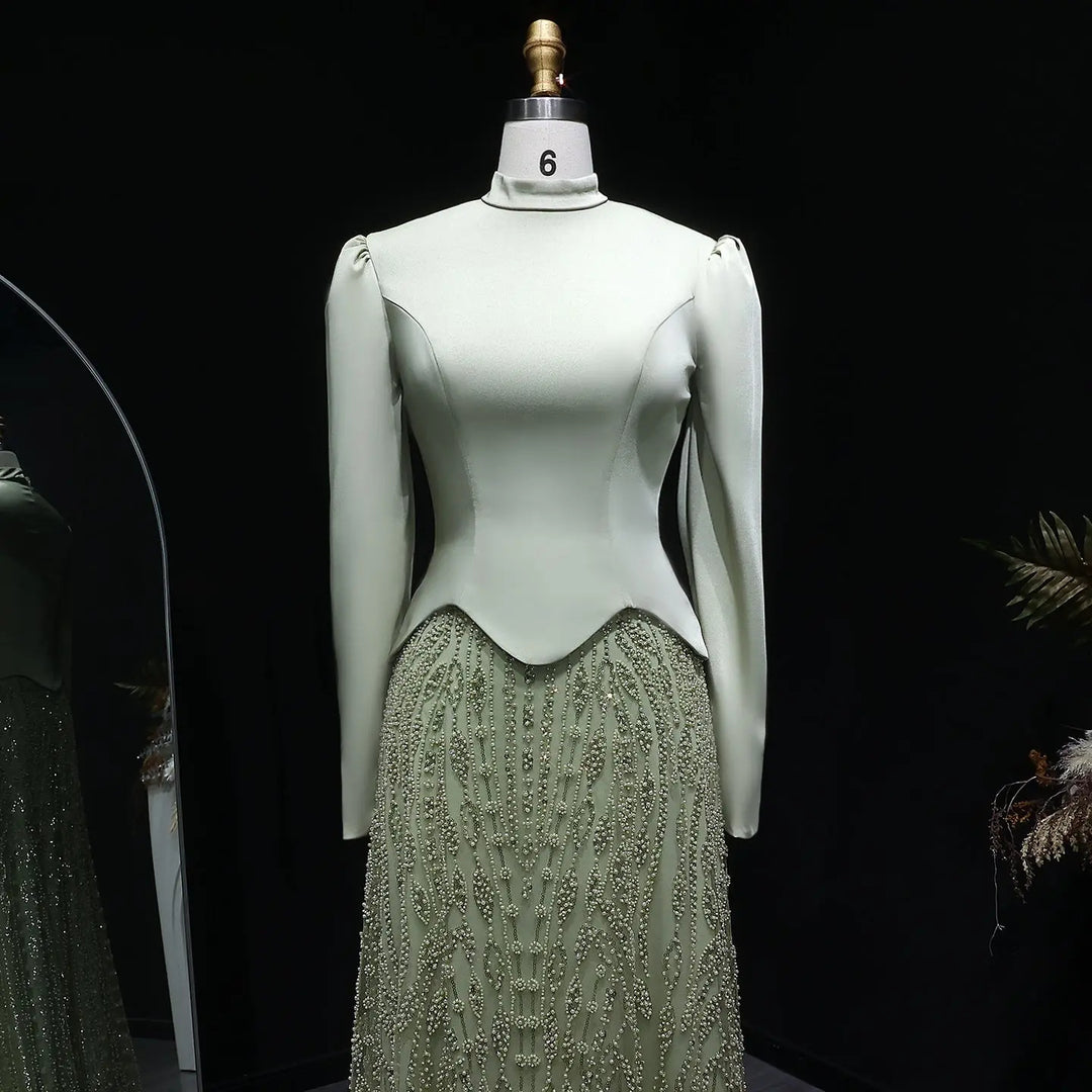 Luxury Sage Green Modest Hijab-Style beaded Evening Dress SS613