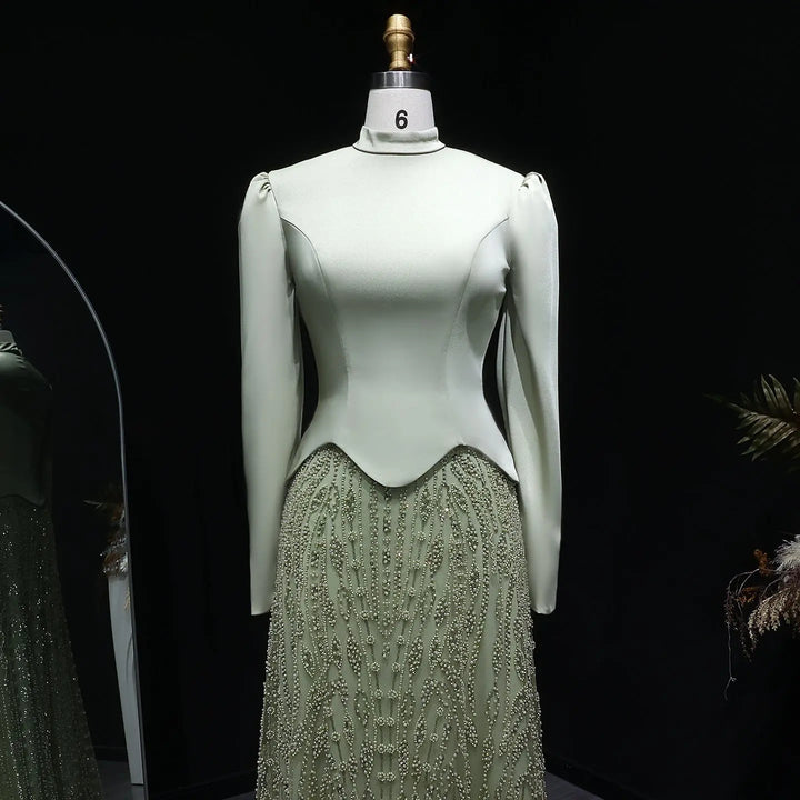 Luxury Sage Green Modest Hijab-Style beaded Evening Dress SS613