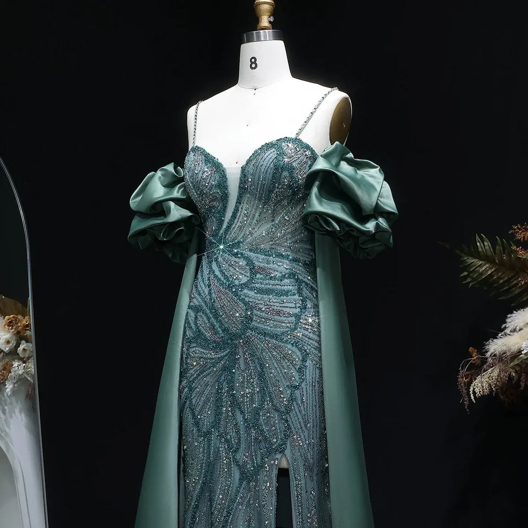 Luxury Green Beaded Slit Evening Gown with Cape SS157