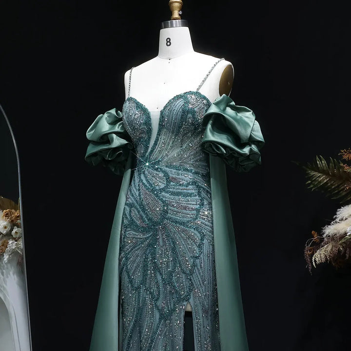 Luxury Green Beaded Slit Evening Gown with Cape SS157