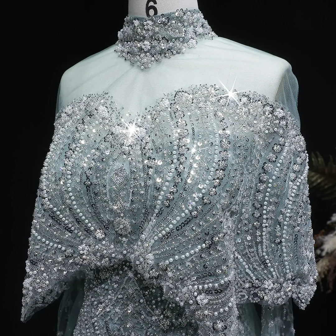 Luxury Gray Dubai Evening Gown with Detachable Overskirt SS557