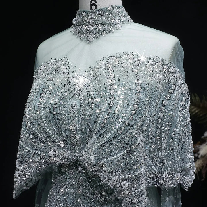 Luxury Gray Dubai Evening Gown with Detachable Overskirt SS557