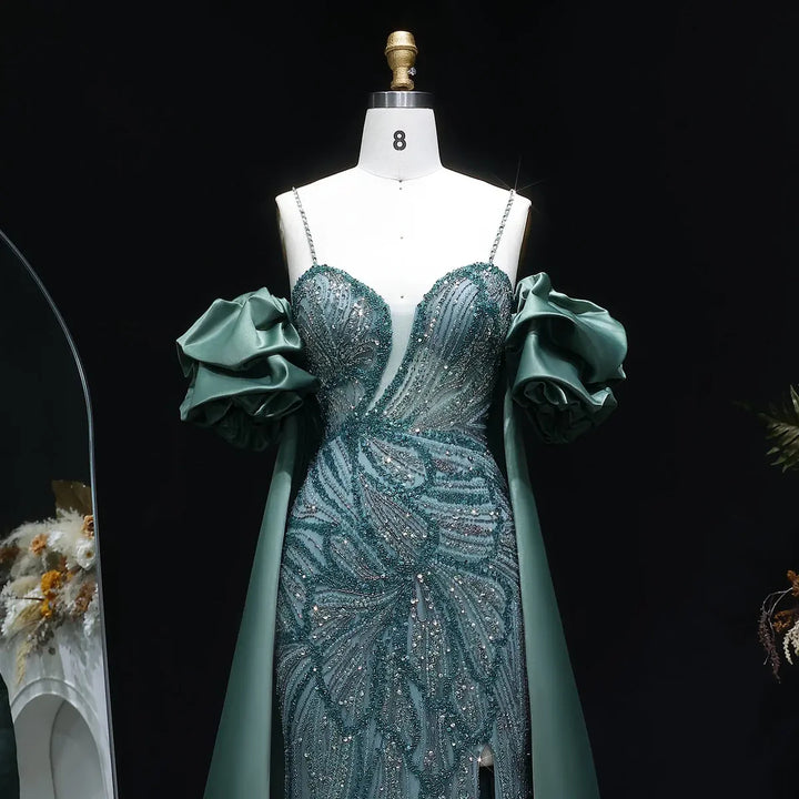 Luxury Green Beaded Slit Evening Gown with Cape SS157