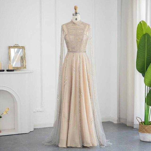 Grey Nude Arabic Evening Dresses with Cape Sleeves SS428