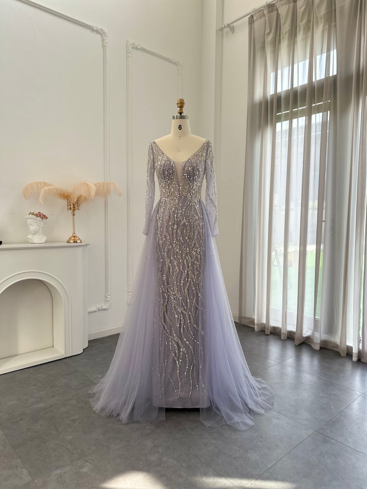 For Sale Lilac Long Sleeves Mermaid Evening Dress with Overskirt SS234