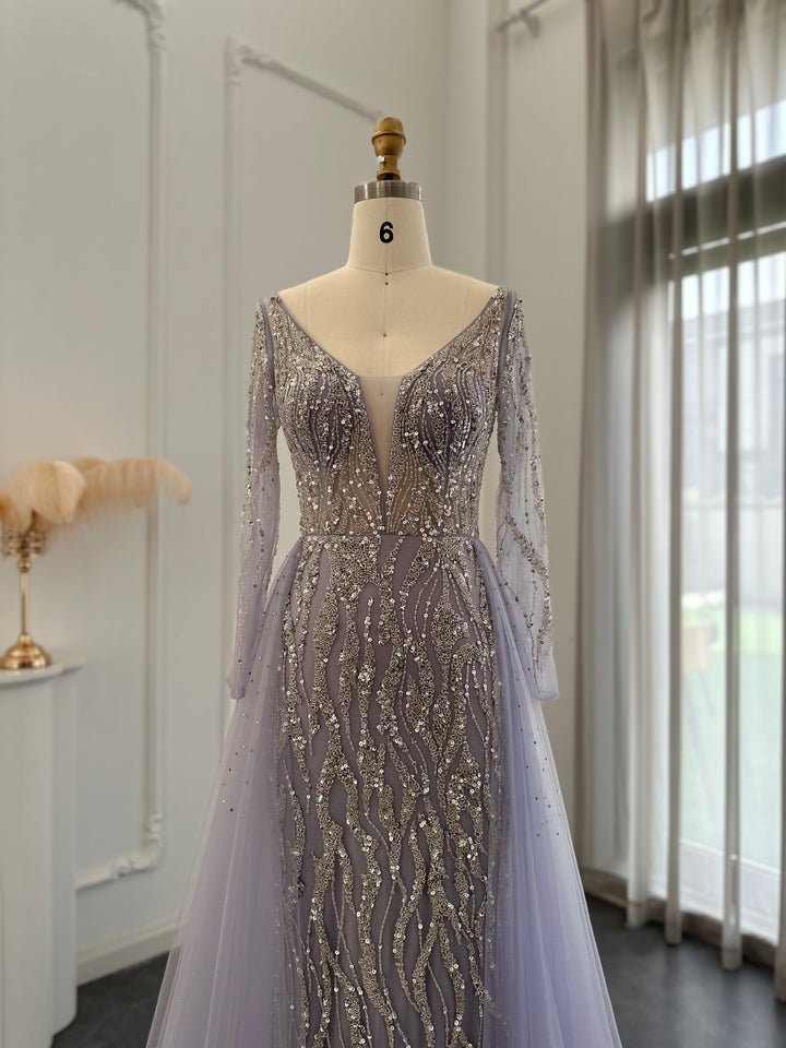 For Sale Lilac Long Sleeves Mermaid Evening Dress with Overskirt SS234