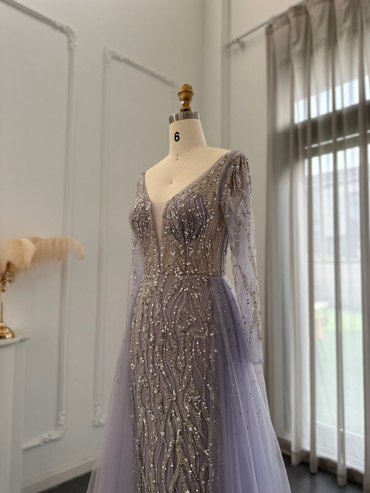 For Sale Lilac Long Sleeves Mermaid Evening Dress with Overskirt SS234