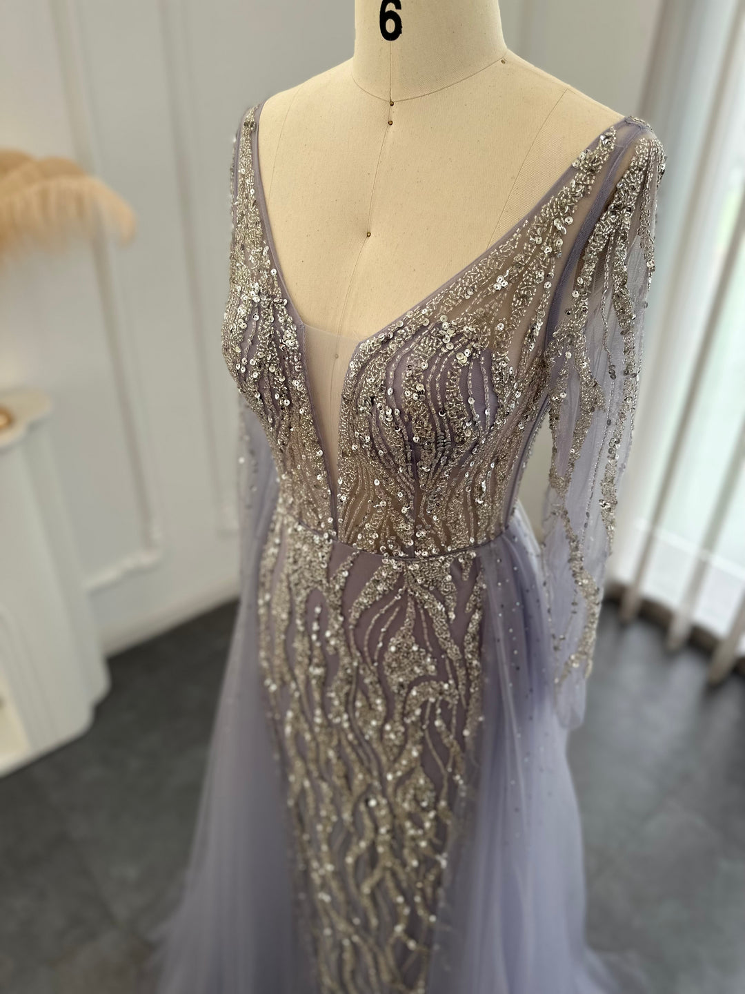 For Sale Lilac Long Sleeves Mermaid Evening Dress with Overskirt SS234