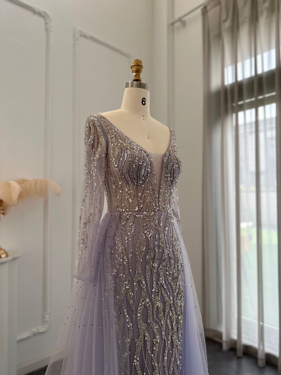 For Sale Lilac Long Sleeves Mermaid Evening Dress with Overskirt SS234