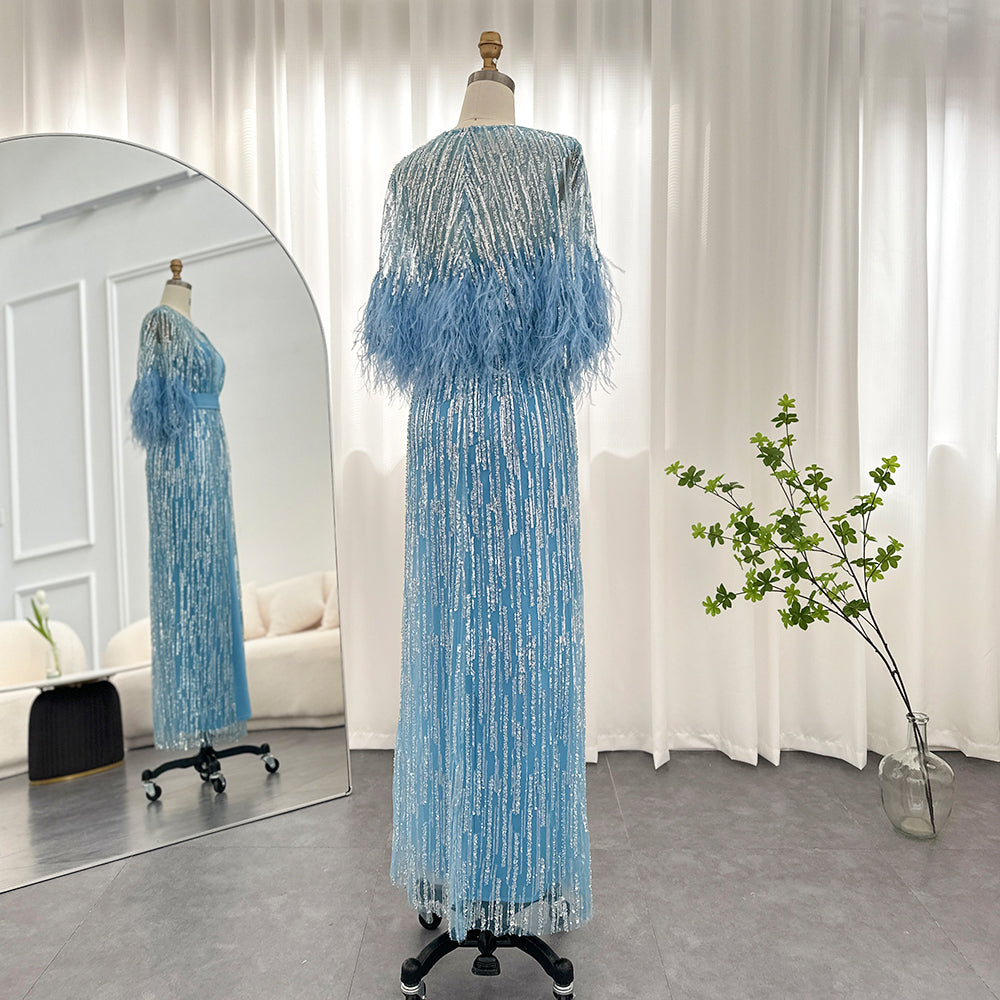 Light Yellow Luxury Feathers Evening Dresses for Wedding Party SS430, Blue / 20