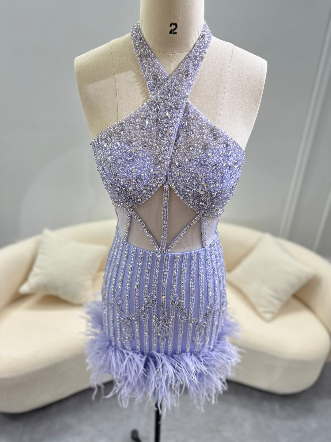 Luxury Feathers Nude Halter Short Cocktail Party Dress SS312