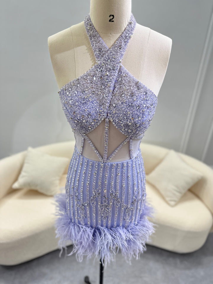 Luxury Feathers Nude Halter Short Cocktail Party Dress SS312