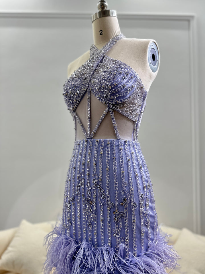 Luxury Feathers Nude Halter Short Cocktail Party Dress SS312