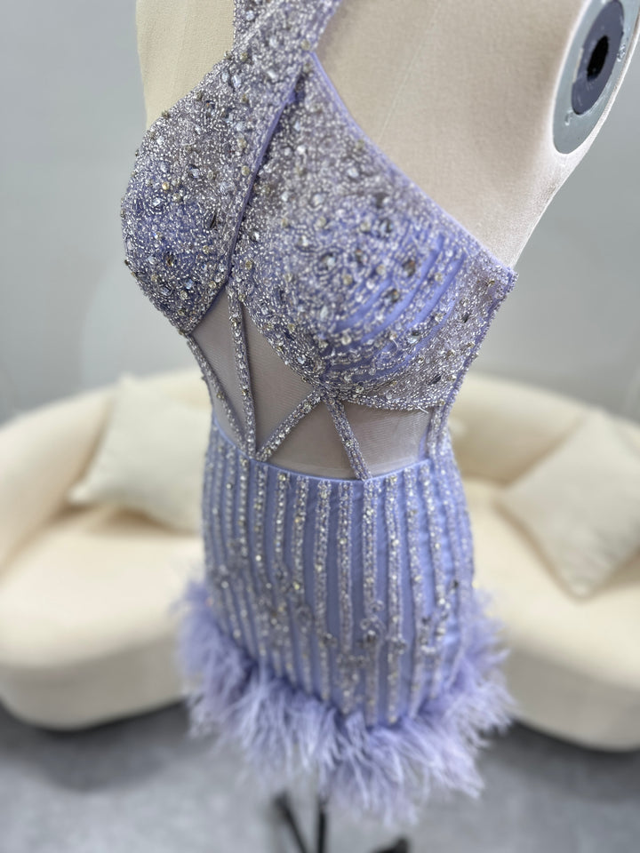 Luxury Feathers Nude Halter Short Cocktail Party Dress SS312