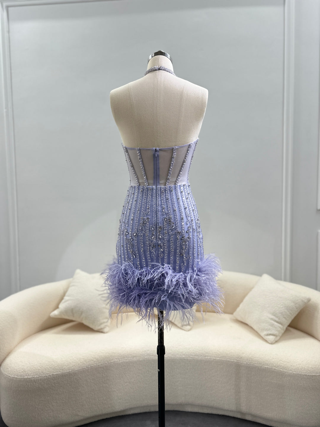 Luxury Feathers Nude Halter Short Cocktail Party Dress SS312