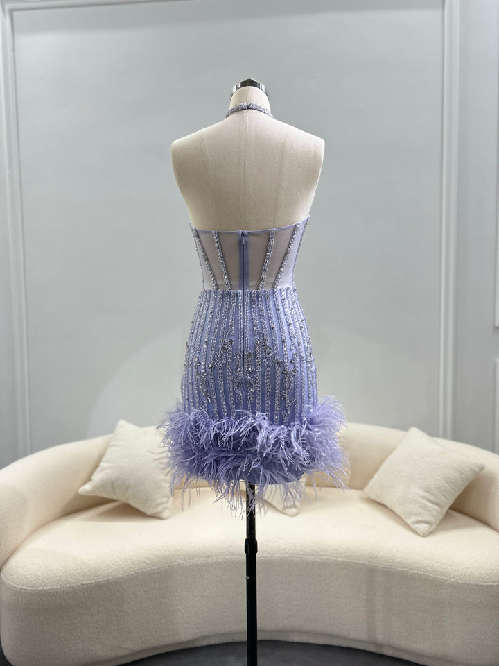 Luxury Feathers Nude Halter Short Cocktail Party Dress SS312