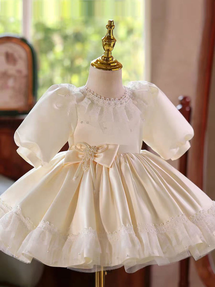 Elegant Ivory Princess Girl Dress with Half Sleeves Knee Length D033