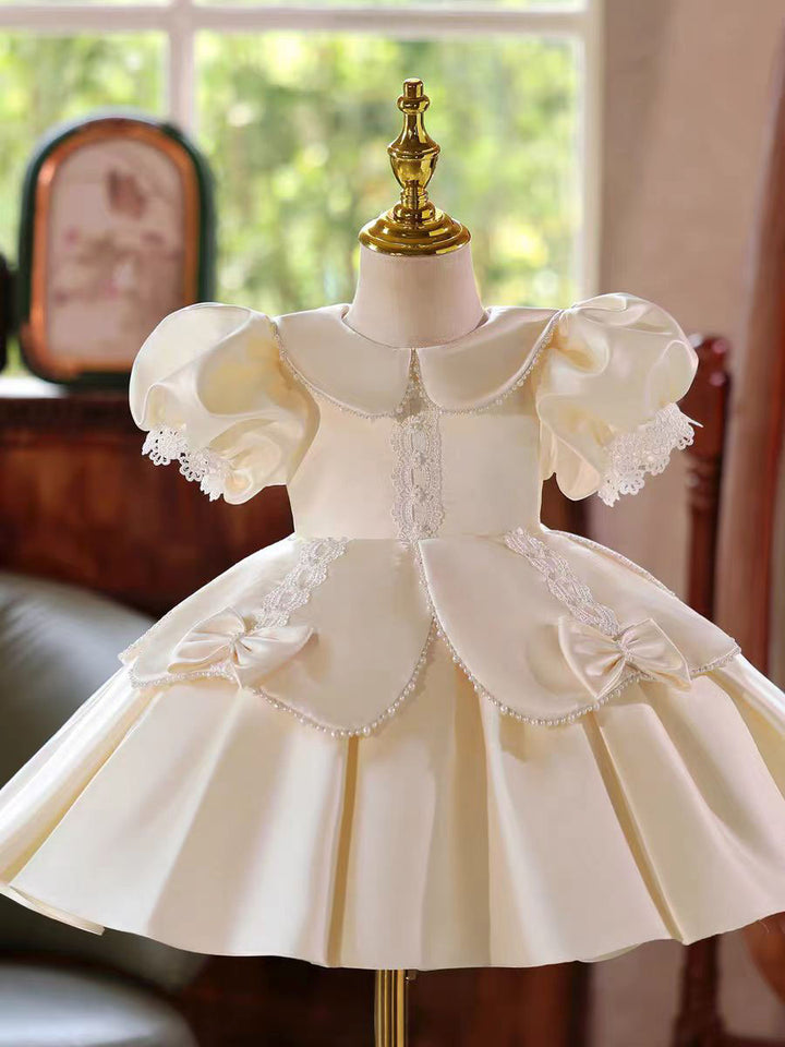 Ivory Princess Girl Gown with Puff Sleeves and Knee Length Skirt J406