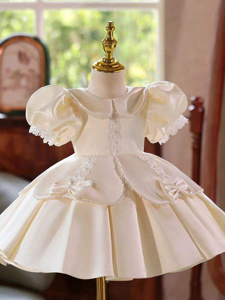 Ivory Princess Girl Gown with Puff Sleeves and Knee Length Skirt J406