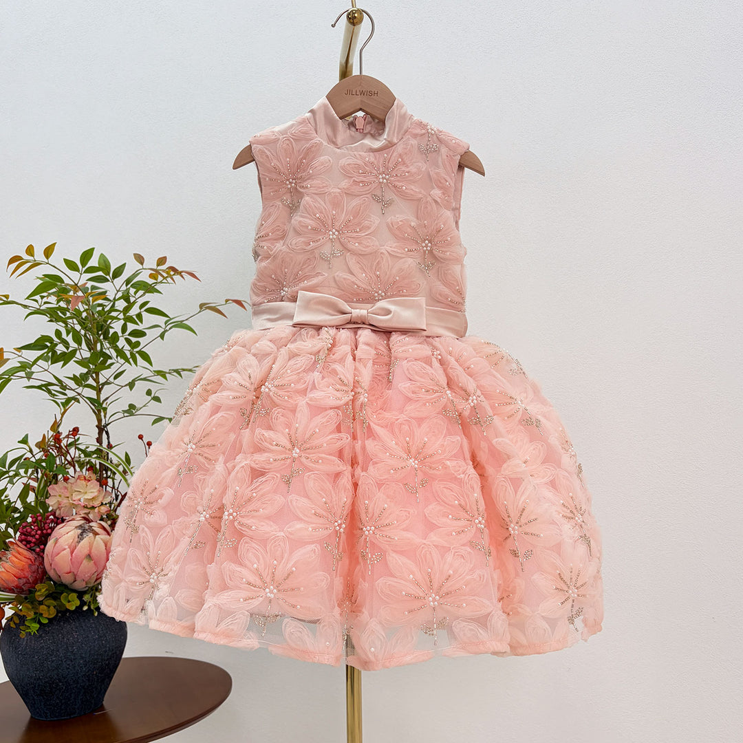 Pink Girl Dress Beads Flowers Princess Birthday Party Gown J130