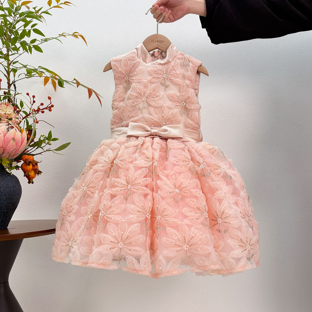 Pink Girl Dress Beads Flowers Princess Birthday Party Gown J130