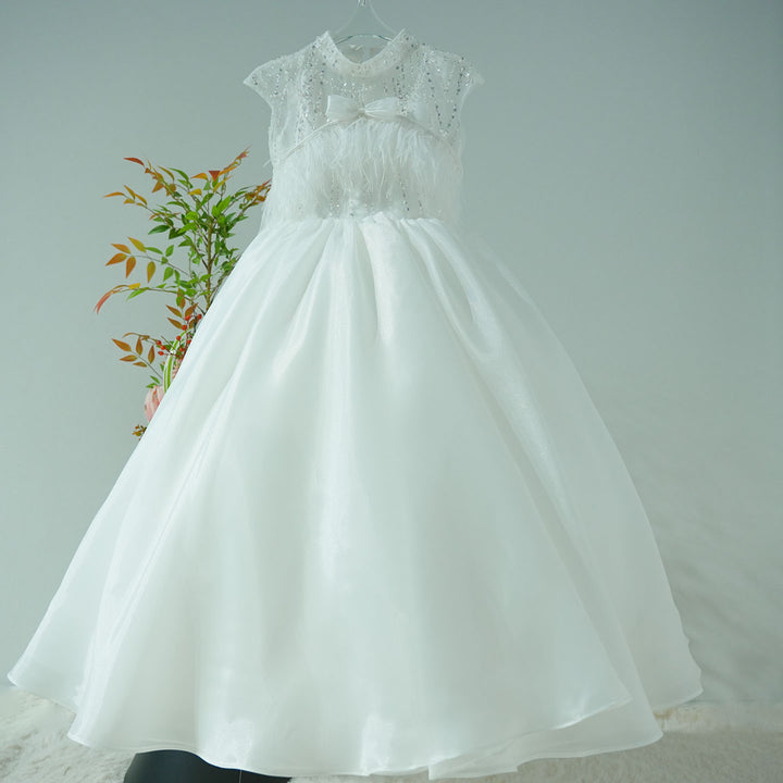 Luxury White Girl Dress Beads Feathers Kids for First Communion J398