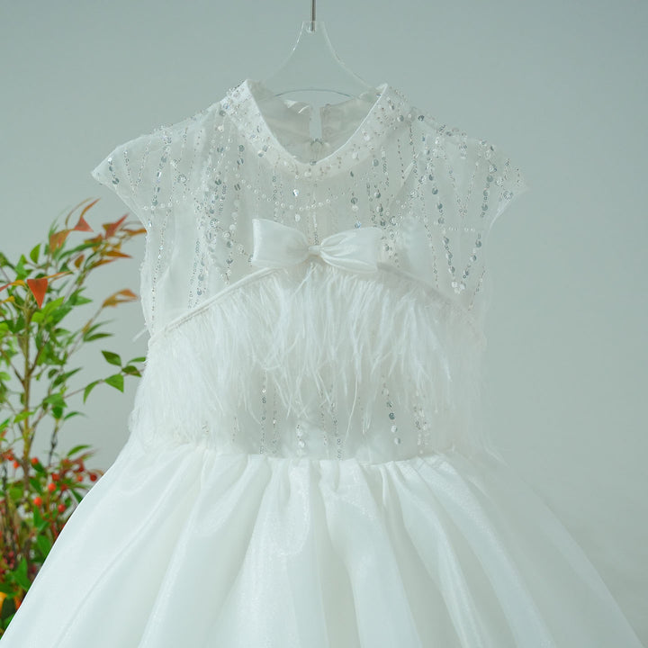 Luxury White Girl Dress Beads Feathers Kids for First Communion J398