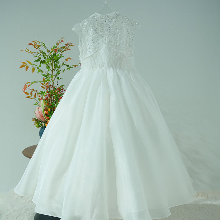 Luxury White Girl Dress Beads Feathers Kids for First Communion J398